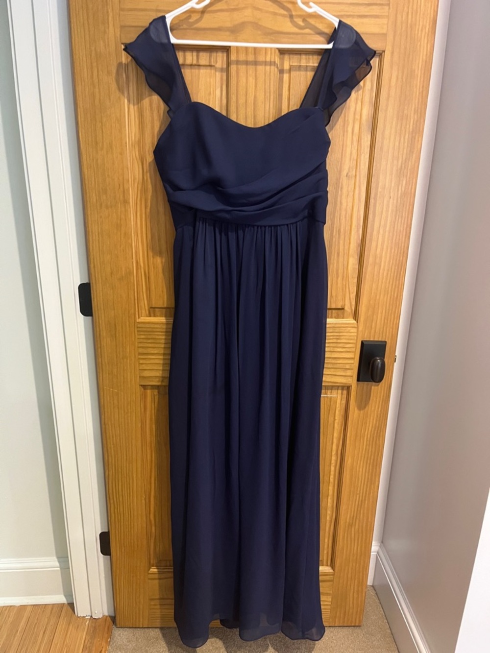 David's Bridal Navy Chiffon Maxi Dress with Ruffle Straps